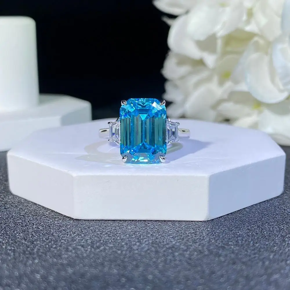 

Sugar Cube Aquamarine Square Pagoda Emerald Cut S925 Sterling Silver Ring Non-Fading Ring