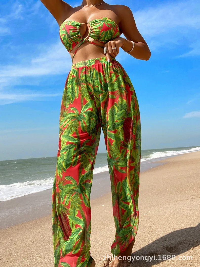 Bikinis Sets Summer Print Pants Swimwear Halter Micro Thong Three Piece Women Textured Swimsuits String Bathing Suits Beachwear