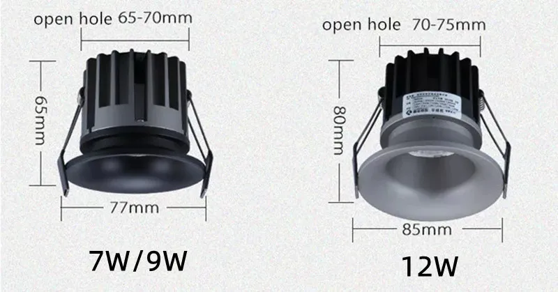 Anti-glare Recessed LED COB Downlight 7W 12W Dimmable 110V 220V Ceiling Lamp Spot Light Warm Cold Natural White Indoor Lighting