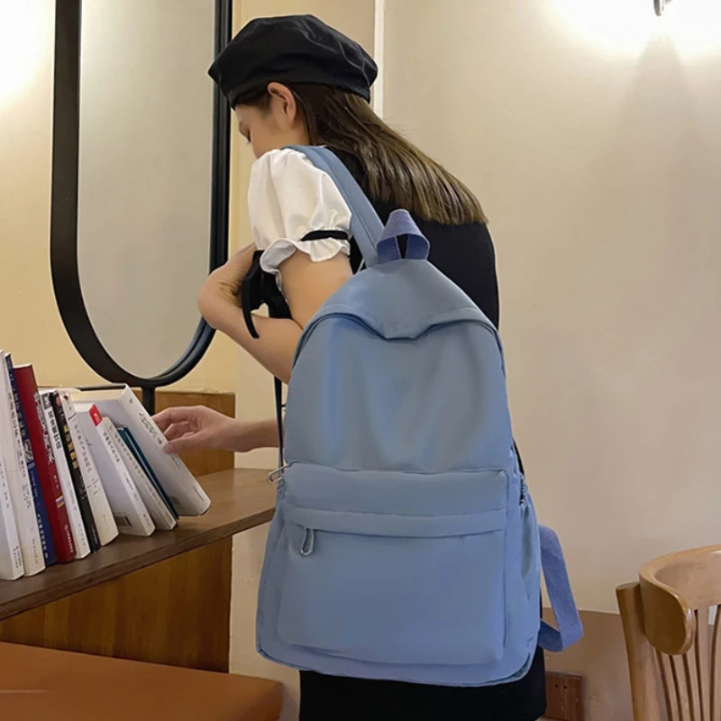 Ins Fashion Students Casual Large Capacity Schoolbag Zipper Solid Color Waterproof Backpack Teens Girl Books Stationery Bags