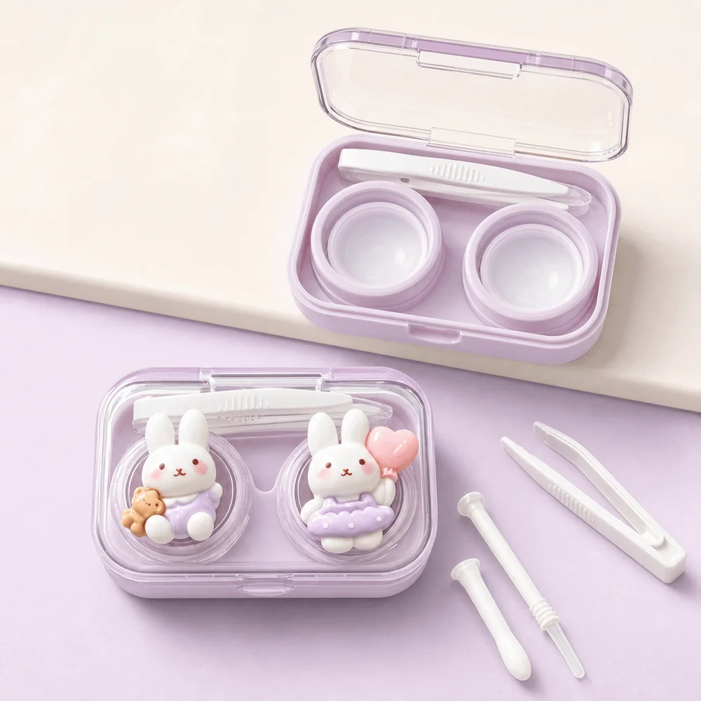Cartoon Bunny Contact Lens Case Double Compartment Portable Mini Storage Box Wearing Tool Included Contact Lens Box Daily Travel