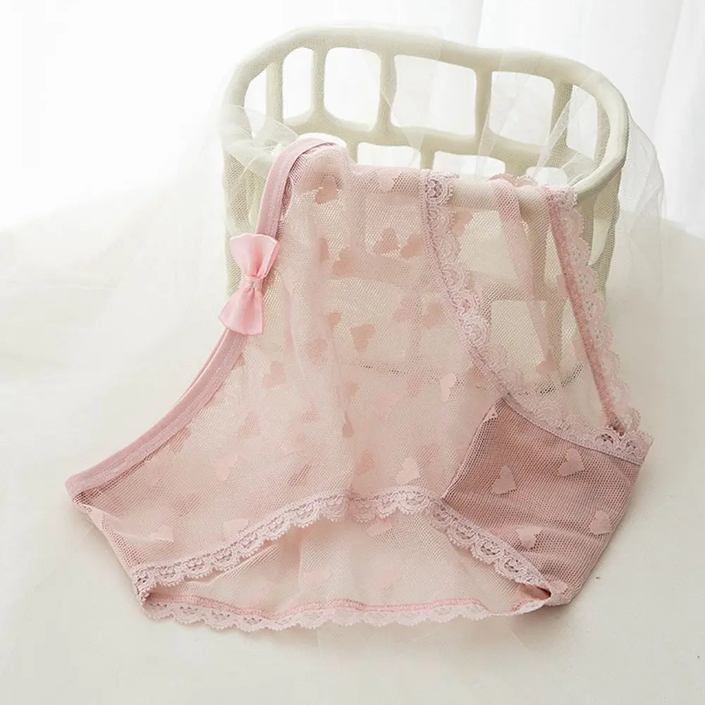 

Korean Sweet Mesh Cotton Crotch Girl Peach Hip Bow Panties Heart Lace Printed Briefs Women Intimates