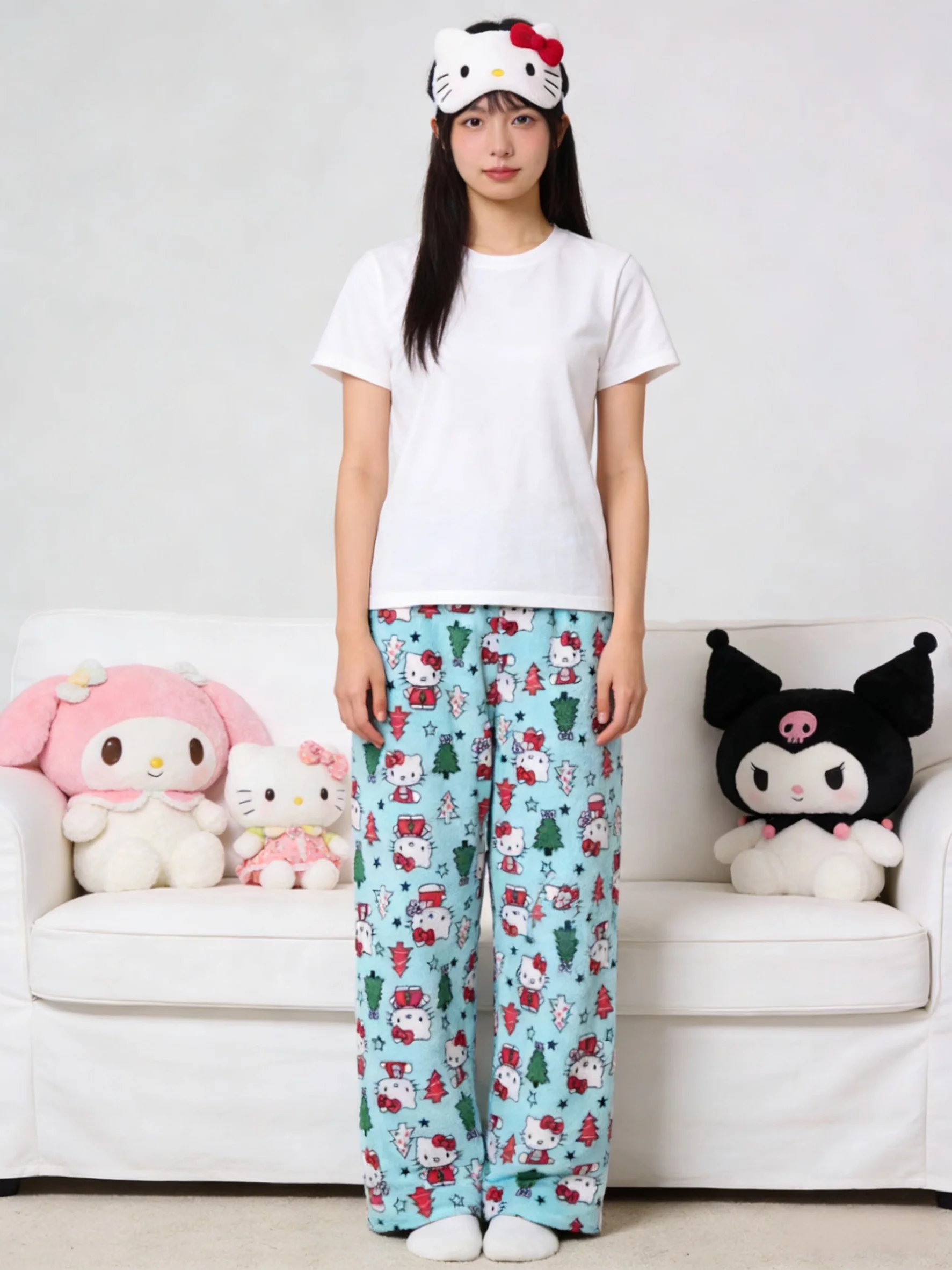 Hello Kitty Christmas Collection: Flannel Sleep Pants, Blue Warm Lounge Pants for Couples, Party Outfits! Perfect Holiday Gifts!