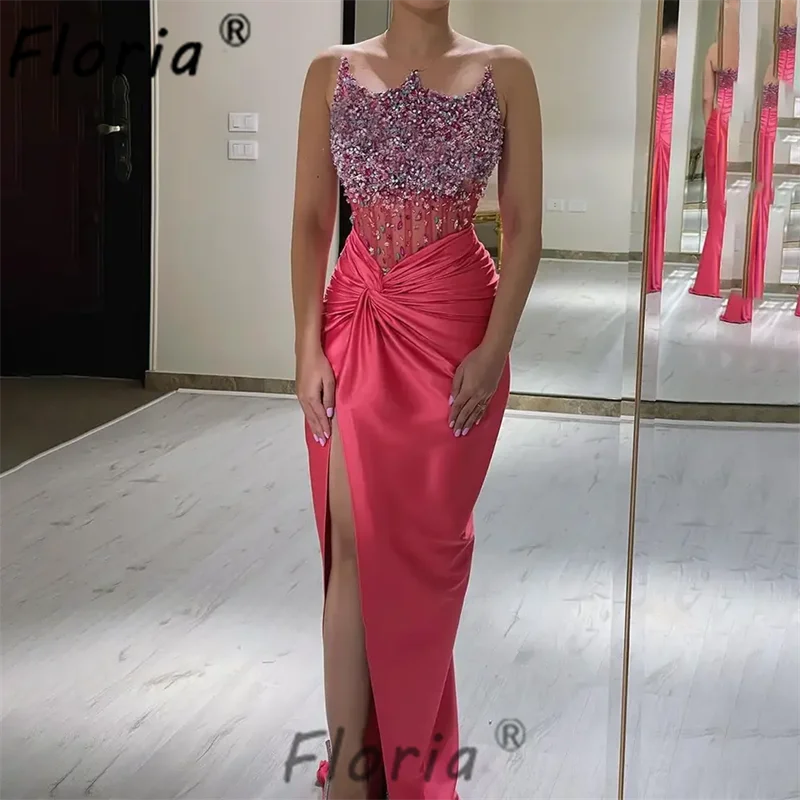 Sexy Beaded Crystal Mermaid Prom Dress Backless Slit Fushia Evening Dresses Customized Long Cocktail Gown Robe de soiree 2025