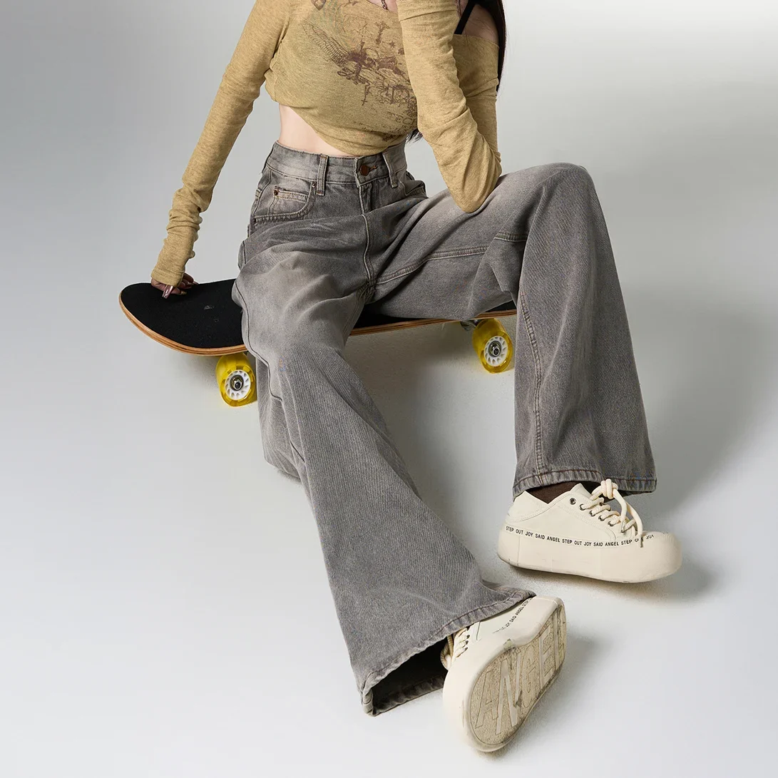 

Джинсы для женщин, новые серые потертые молнии, шикарные свободные стройные прямые американские винтажные уличные широкие брюки для мытья полов