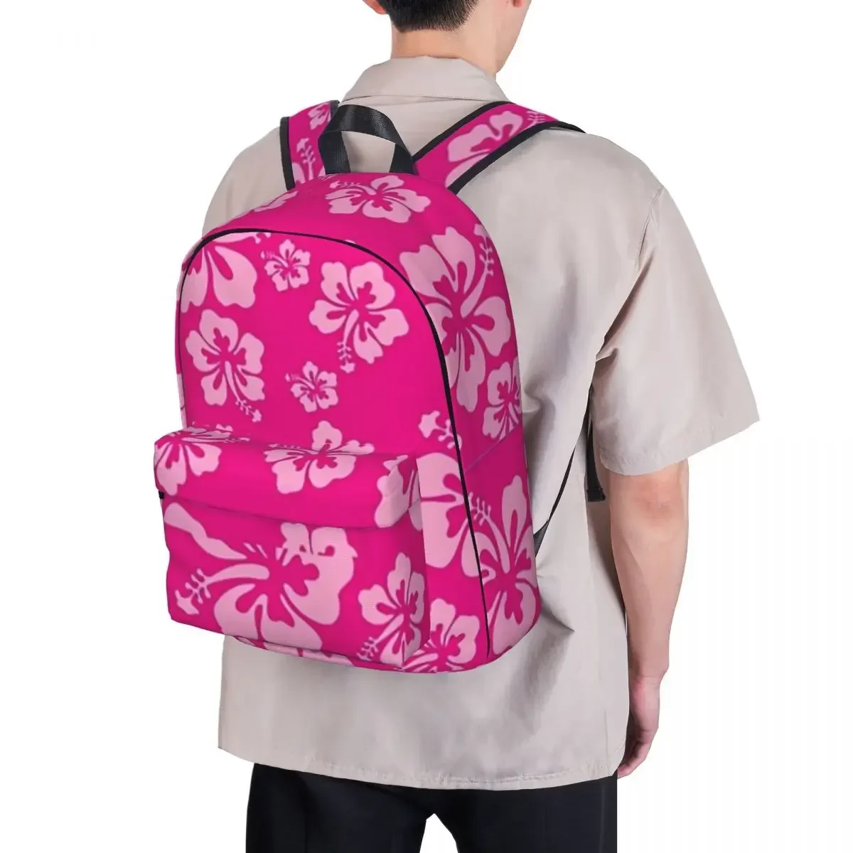 Tropical Hot Pink Hibiscus Flower Floral Pattern Hawaiian Print Backpacks Bookbag School Bag Travel Rucksack Shoulder Bag