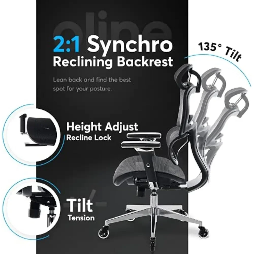 Ergonômico Escritório Rolling Desk Chair, Braço Ajustável 4D, Suporte Lombar 3D, Rodas De Lâmina