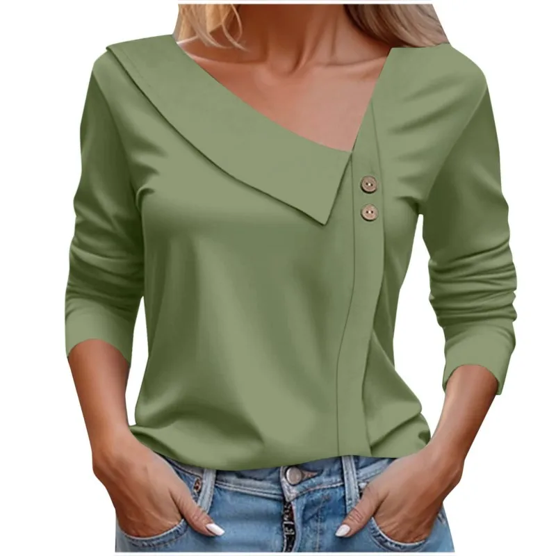 Autumn Women's Blouses T-shirt New Long Sleeve Fashion Print Top Button Pullover V-neck Office Lady Streetwear Clothing Femme