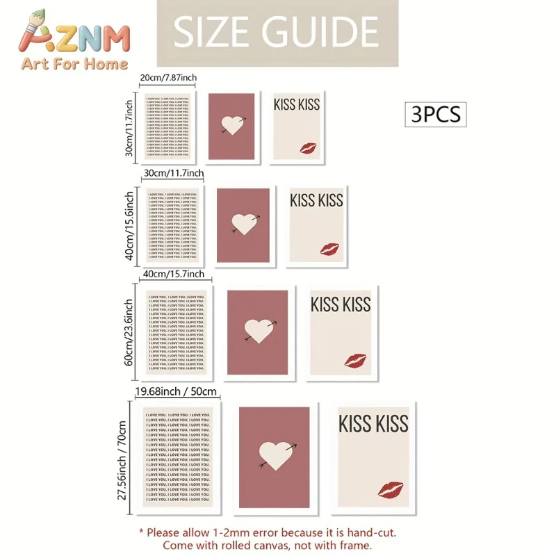Unframed 3PCS I Love You Kiss Kiss Lips Heart Arrow Canvas Wall Art Neutral Retro Text Print Poster Home Bedroom Decor Canvas