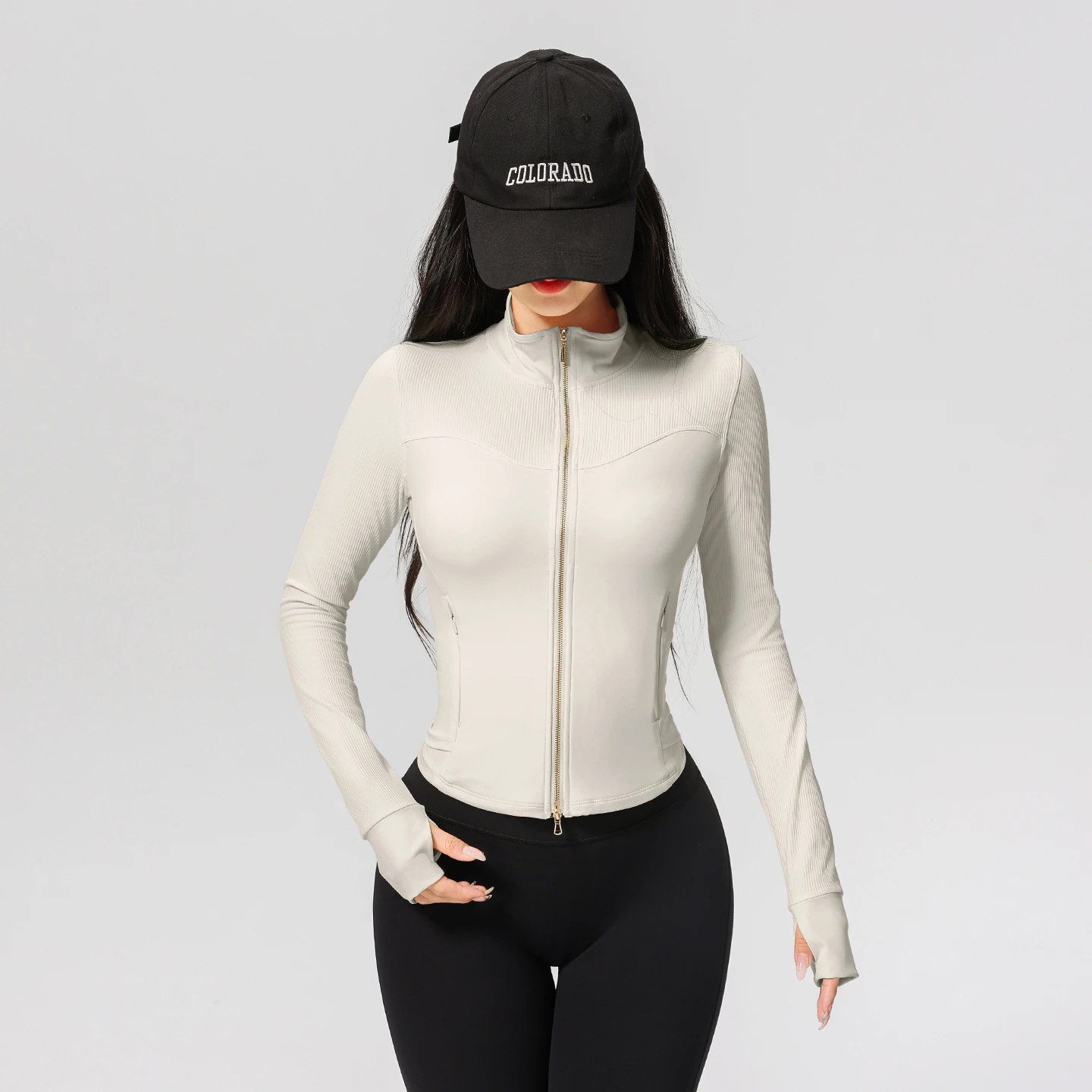 Women Ribbed Zip Up Sports Jacket Stand Collar Slim Thumb Hole Pocket Cropped Yoga Running Fitness Coat