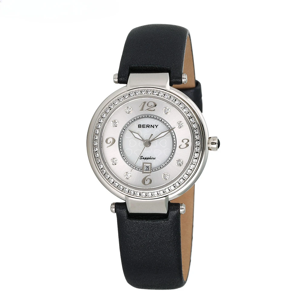 BERNY Uhr für Damen, Kalender, Saphir, elegante Quarz-Damenarmbanduhr, luxuriöse Uhr mit Diamanteinlage, S/S-Leder, Damenuhren