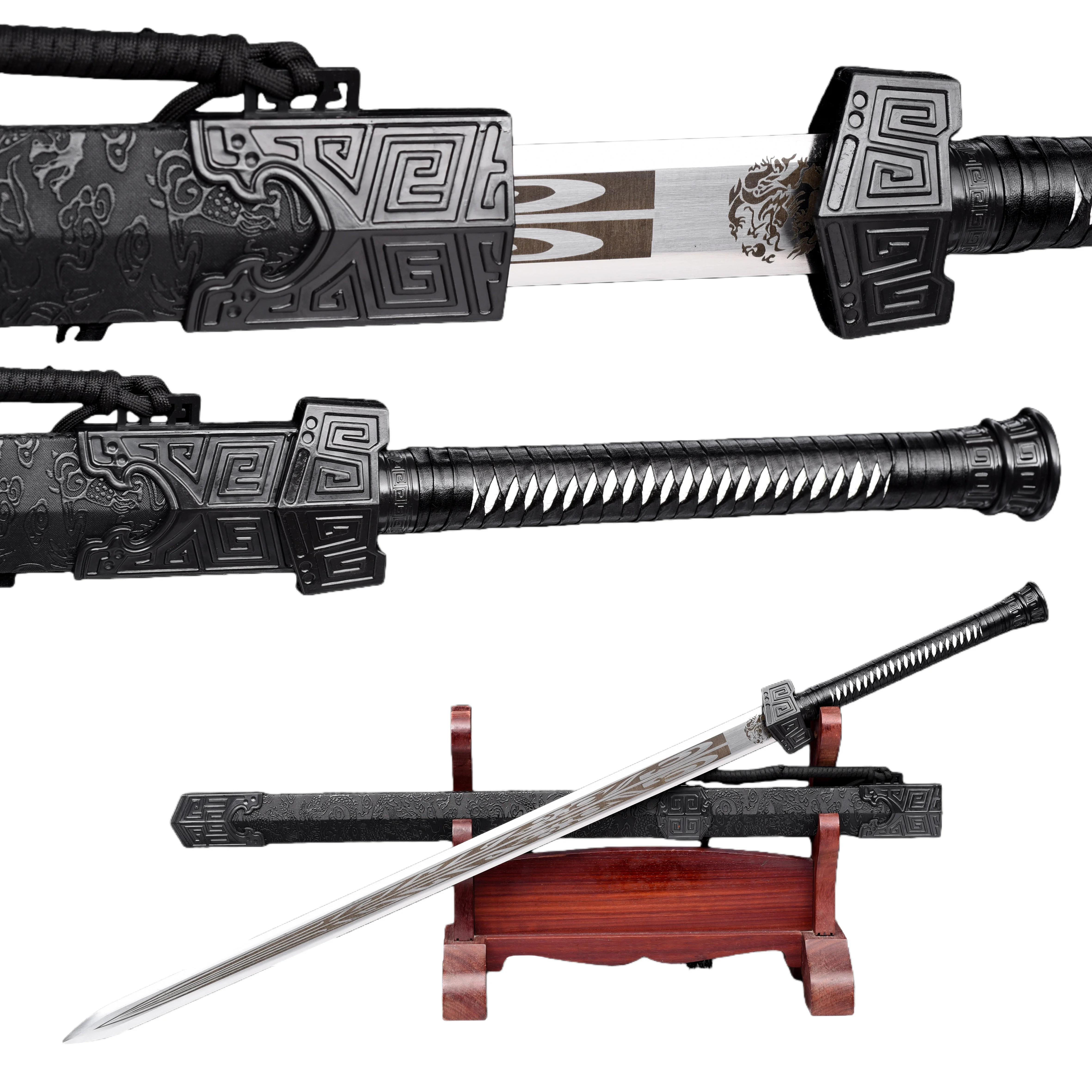 Japanese Black Dragon samurai sword, katana martial arts enthusiast collection,medieval cosplay battle preparation, sharp blades