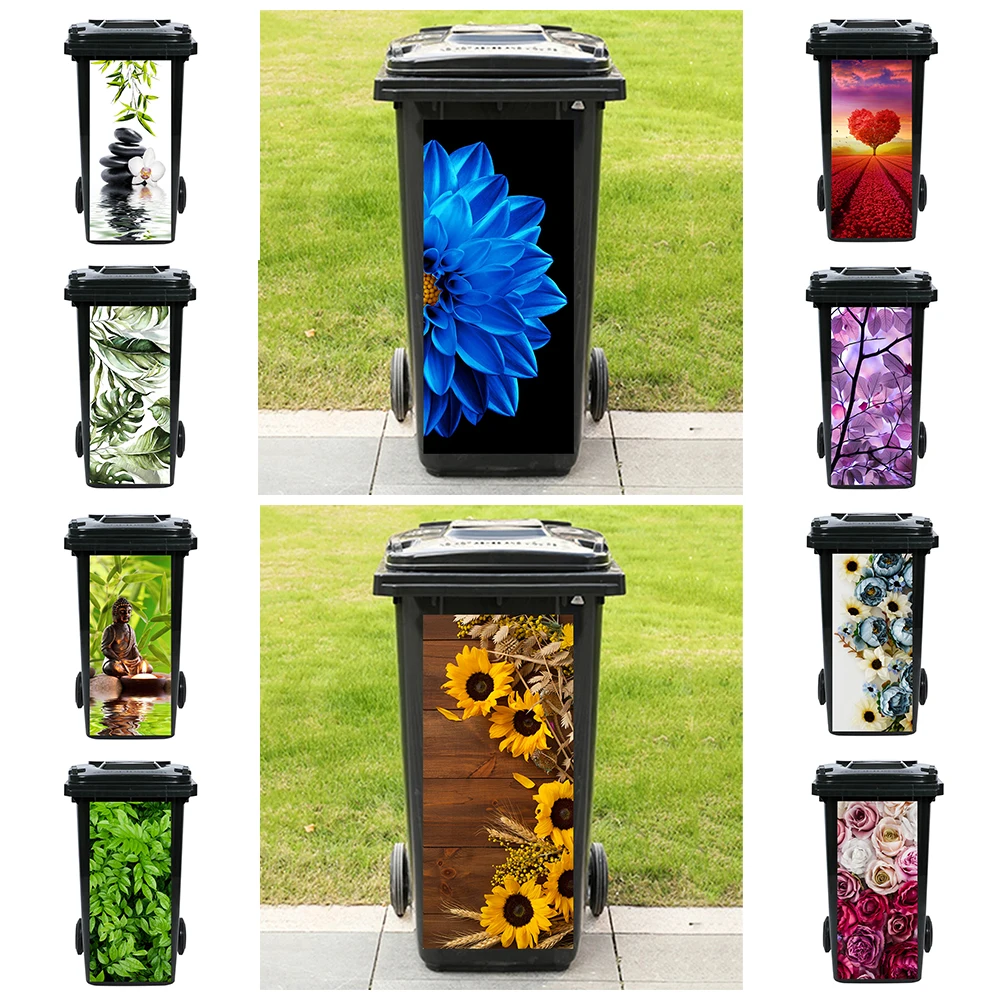 

Romantic Flower INS Floral Print Trash Can Sticker Decoration Waterproof Vinyl Outdoor Garbage Bin Green Plants Mural Decals