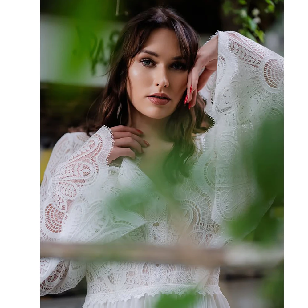Women Open Back Laceup Chiffon Wedding Ballgowns Customized Boho A Line Maxi Full Length Long Bell Sleeves Rustic Bridal Dress