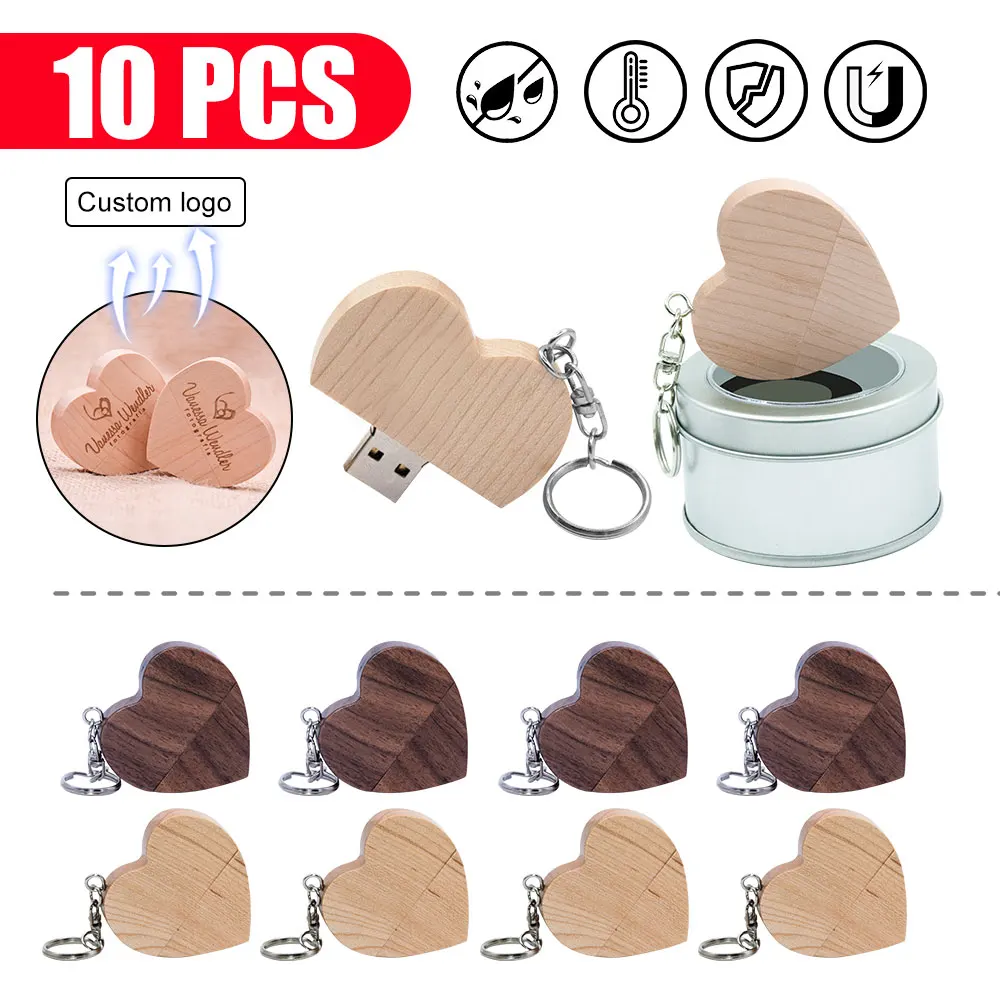 

10pcs Wooden Heart USB Flash Drive Memory Stick Pendrive 4GB 16GB 32GB 64GB 128GB Creative Wedding Photography Gift Pen Drive