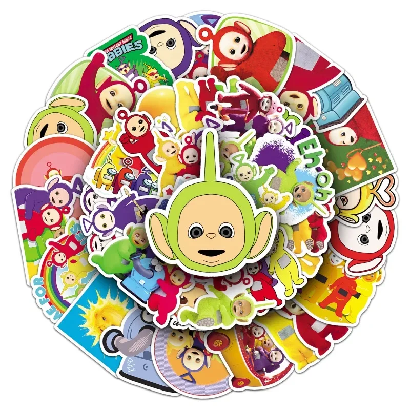 Teletubbies de dibujos animados, 50 piezas, taza de agua de dibujos animados, equipaje portátil, papelería de escritorio, monopatín, decoración de refrigerador, pegatina