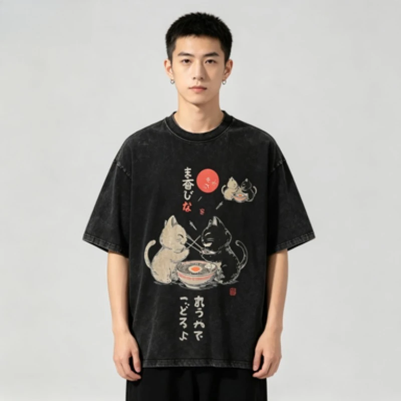 Japanese Ramen Cat T-Shirt Vintage Washed  Tee Cute Cat Eating Noodles Print Casual Streetwear Black White