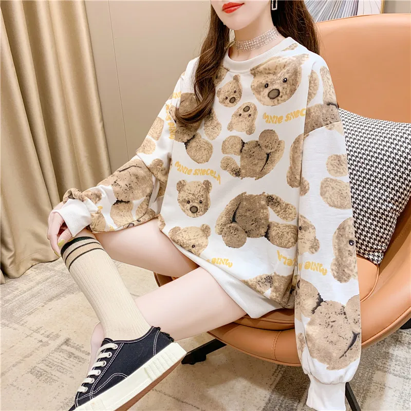 

Women Hoodies Autumn 2022 Bear Cartoon Print Sweatshirt Oversized Streetwear Sweatshirts Hip Hop Cool Pullover Tops NS5344