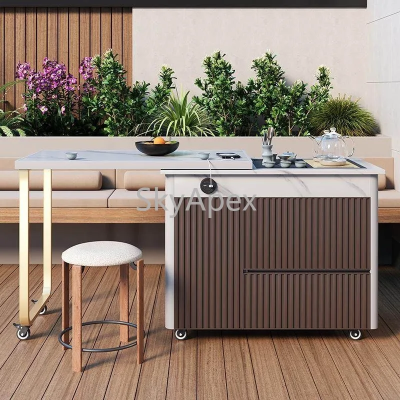 All Aluminum Alloy Outdoor Multi Functional Mobile Lift Coffee Table Waterproof Sunscreen  Storage Cabinet For Courtyard Balcony