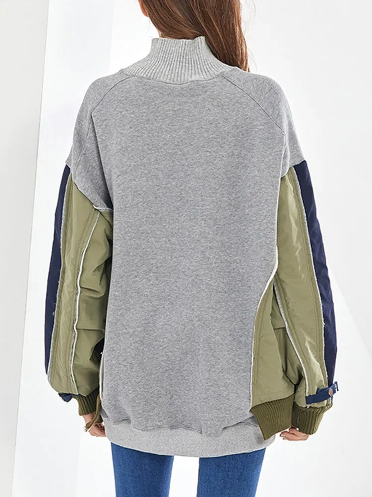 BPN Hit Color Patchwork Drawstring Sweatshirts For Women Turtleneck Long Sleeve Pullover Casual Loose Sweatshirt Female Clothing