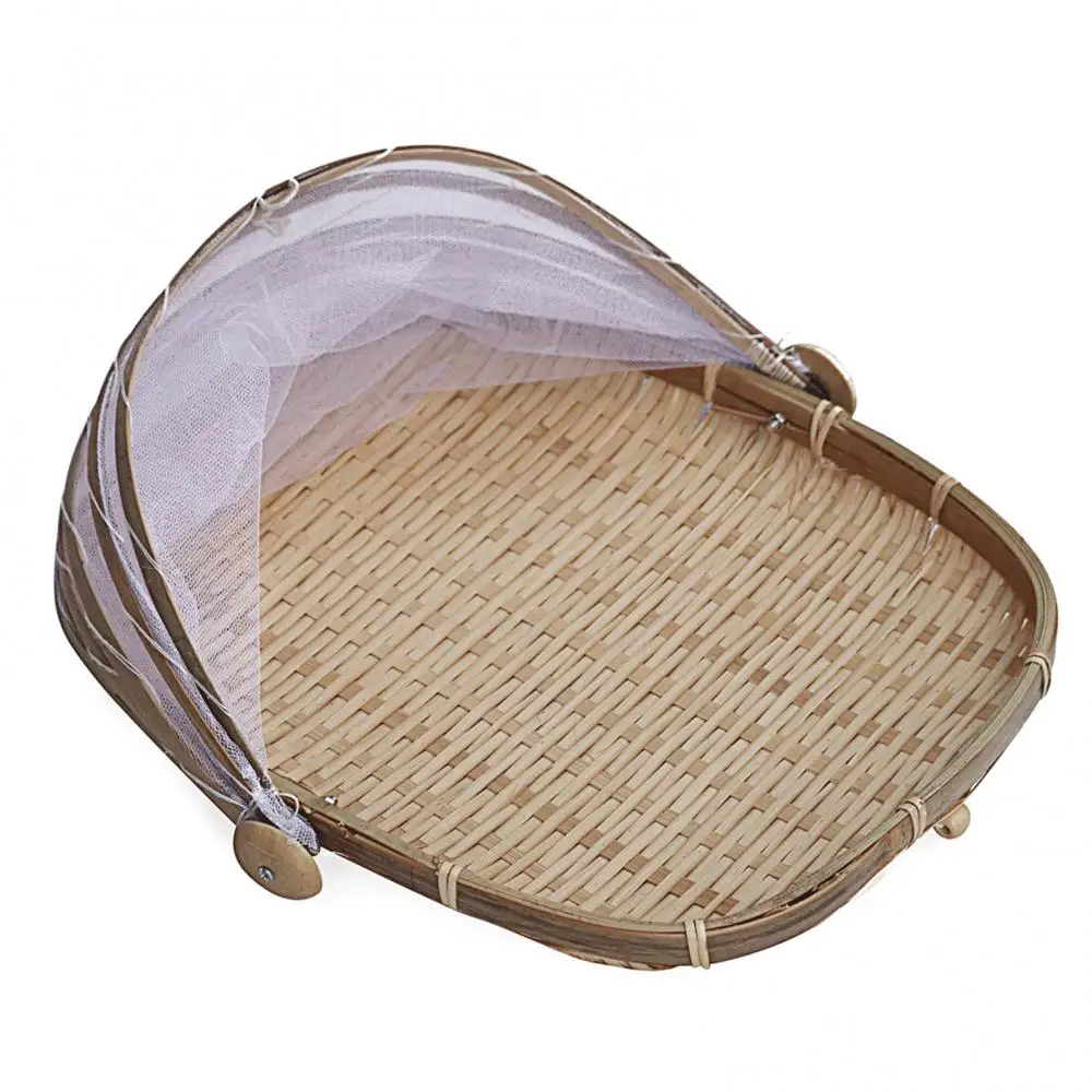 Bamboo Woven Storage Basket Mesh Handmade Food Fruit Anti Flies Net Cover Tent Sundry Container Kitchen Storage Tray