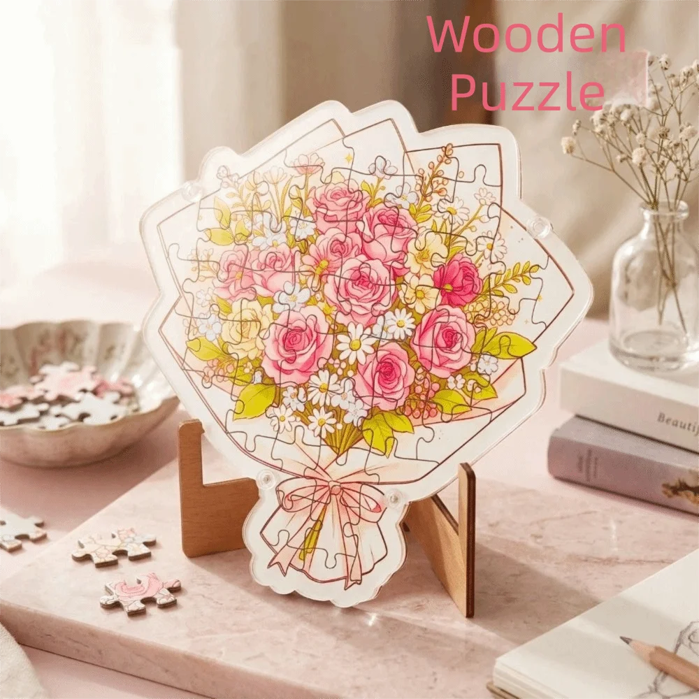 Brain Burning Cat Wooden Puzzle Animal Puzzle Bouquet Butterfly Jigsaw Home Decor Colored Unique Irregular Puzzle for Adults