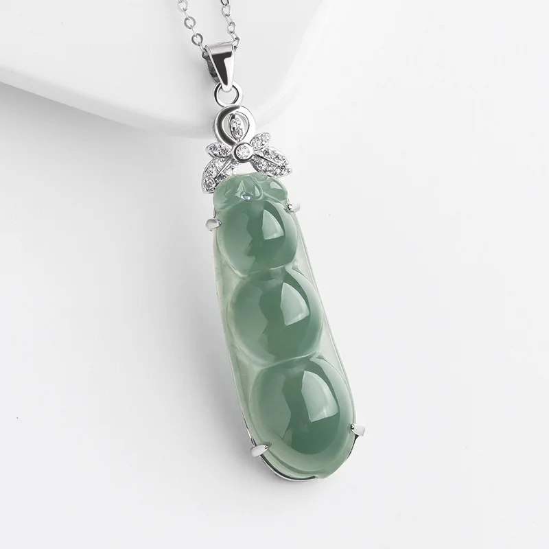 

Natural Myanmar A-grade Jade String Bean Pendant Jade Stone Pendant S925 Silver Necklace