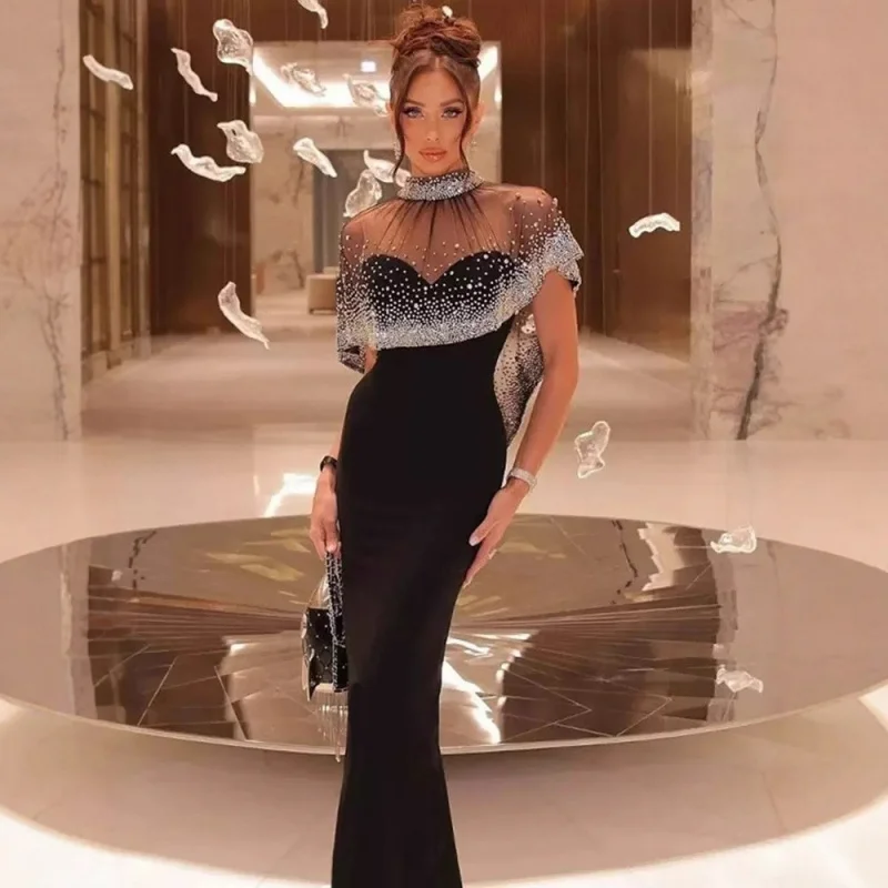 Recién llegado, vestido negro sin tirantes con capa transparente de diamantes de imitación de estilo francés, vestido de noche de fiesta elegante a la moda