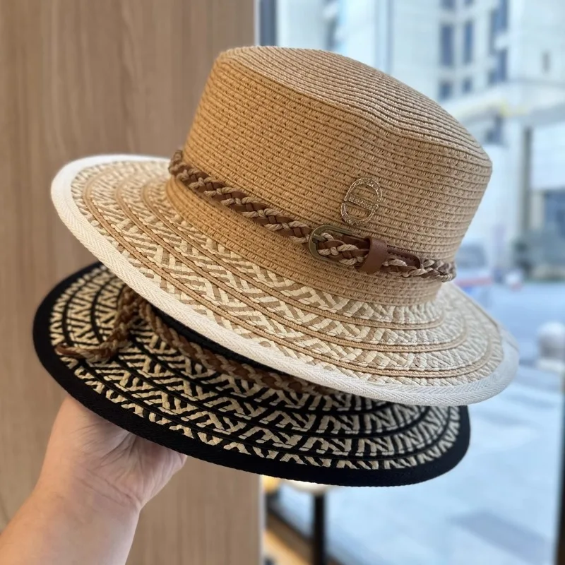 

2025 New Retro Ethnic Style Wide Brim Flat Top Straw Hat Children Spring and Summer Travel Vacation Travel Sunshade Top Hat