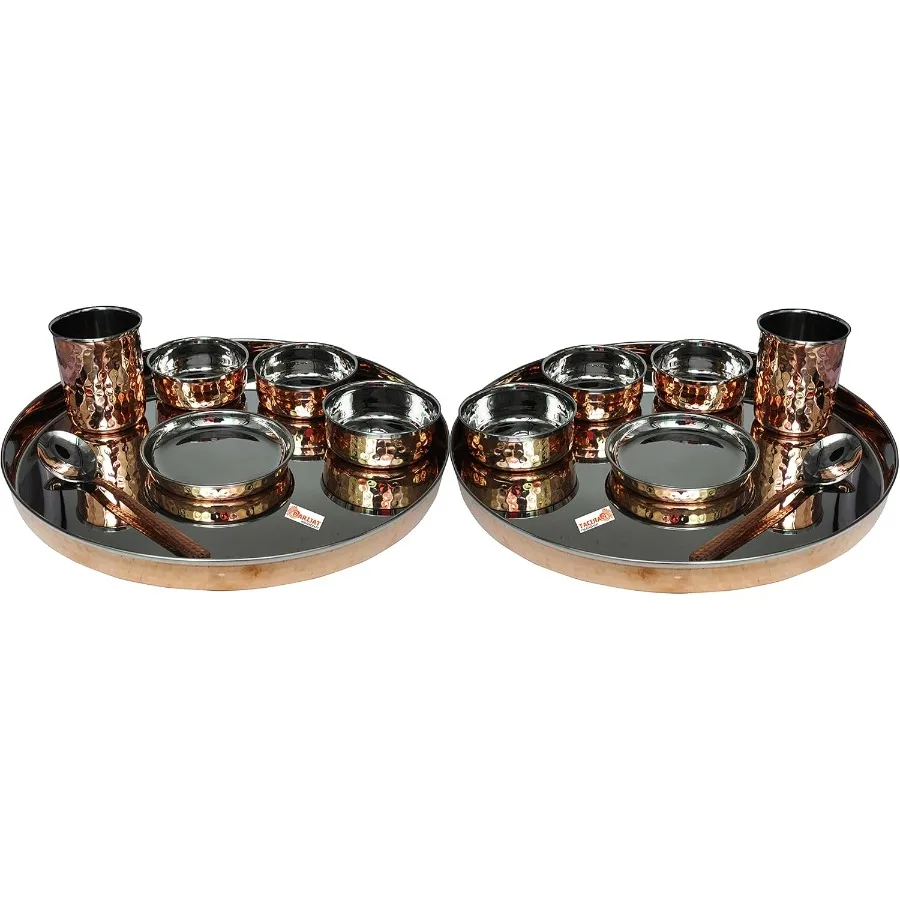 Pack Of 2 Set Stainless Steel Copper Traditional Dinnerware Set Of Thali Plate Bowls Glass And Spoon Diameter 13Inch