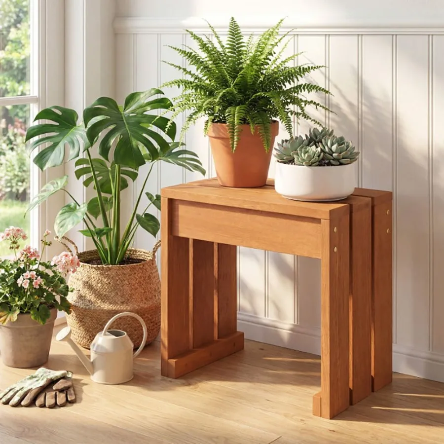 

Outdoor garden bench for single person use, solid wooden frame, natural wood color, weather-resistant and minimalist backless d