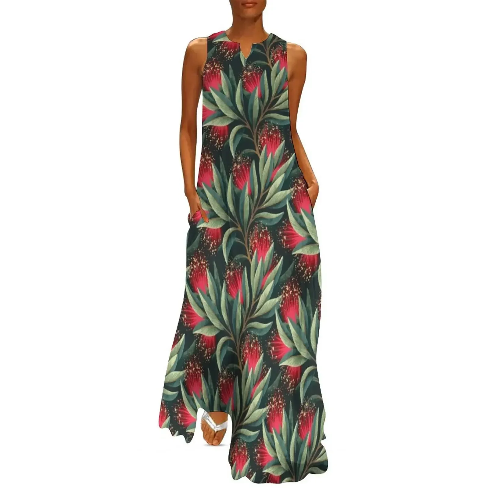 

Pohutukawa - Red / Natural Green Long Dress loose women's dress women's summer clothing 2025 evening dress