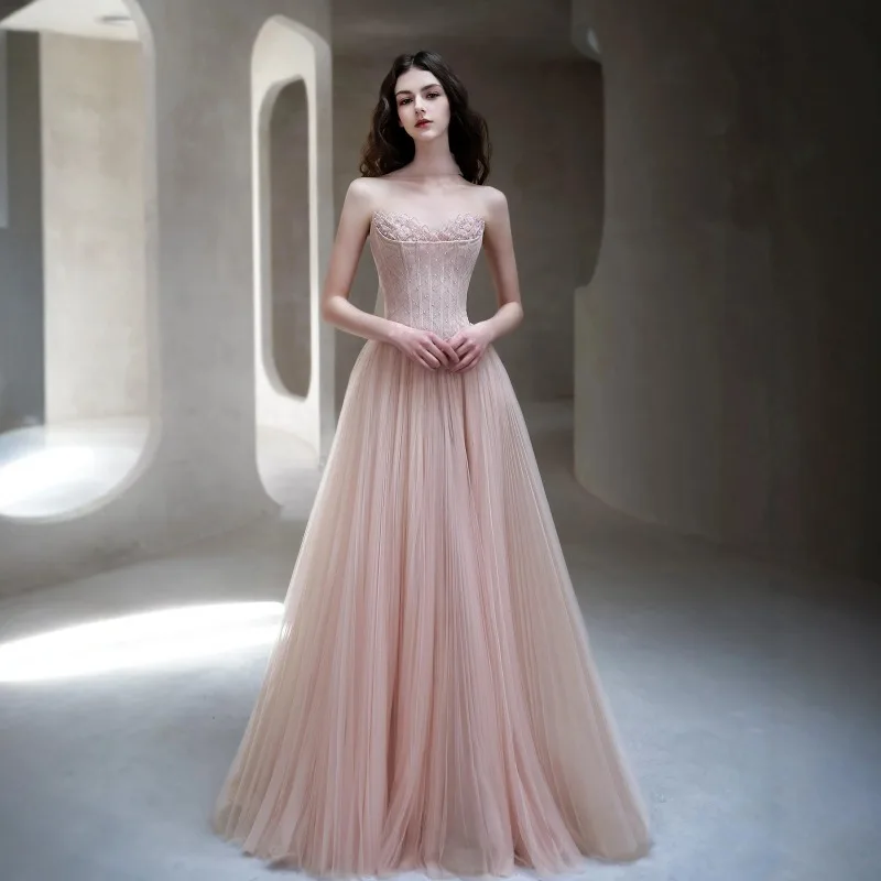 

Fashion Strapless Evening Gown, Niche High-end Student Day Banquet Temperament, Host, Pink Engagement Gown, Toast Gown, Bride