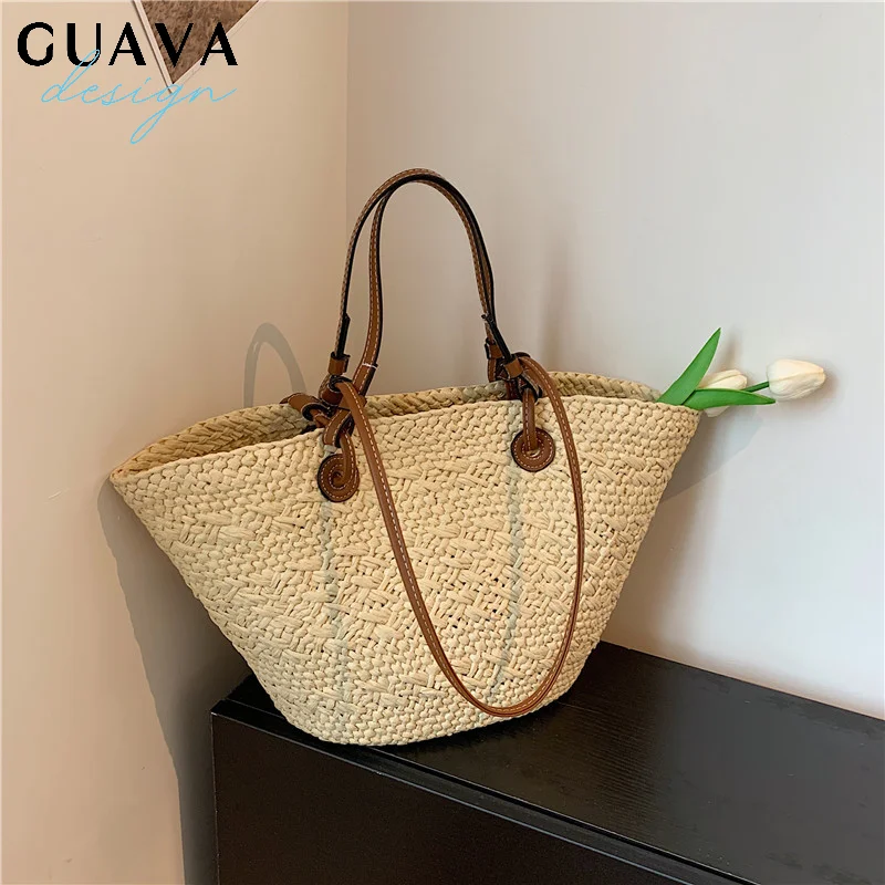 

Casual Rattan Large Capacity Tote Designer Wicker Woven Women Handbags Summer Beach Straw Bag Lady Travel Big Basket Purse