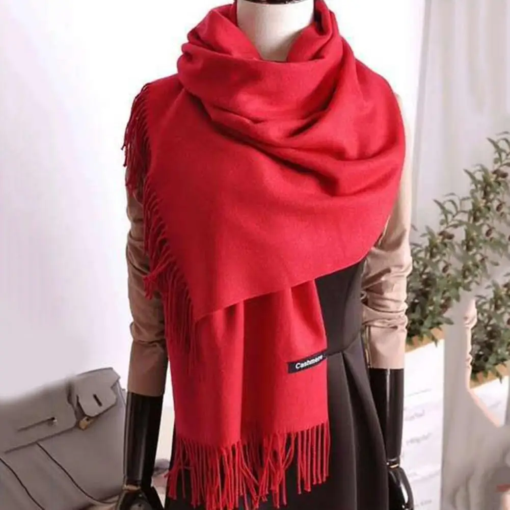 Thickened Faux Cashmere Tassel Women Scarf Solid Color Scarf Wide Long Cozy Windproof Cold Resistant Decorative Ladies Scarf