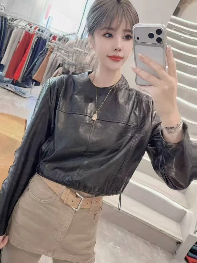 

Женская кожаная куртка Ning 2026 из овчины, класса люкс, с длинными рукавами, на молнии, стандартной длины