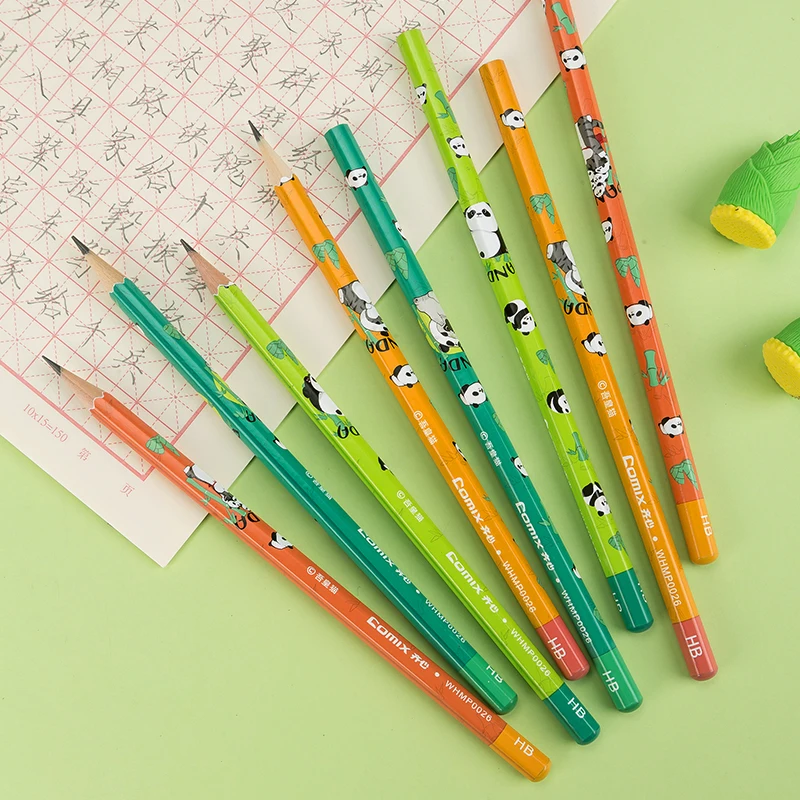 12pcs/set Cute Panda Wood-Cased Pencils with 2 Erasers Kawaii Black Lead HB Pencil for Student Study Classroom Rewards Supplies