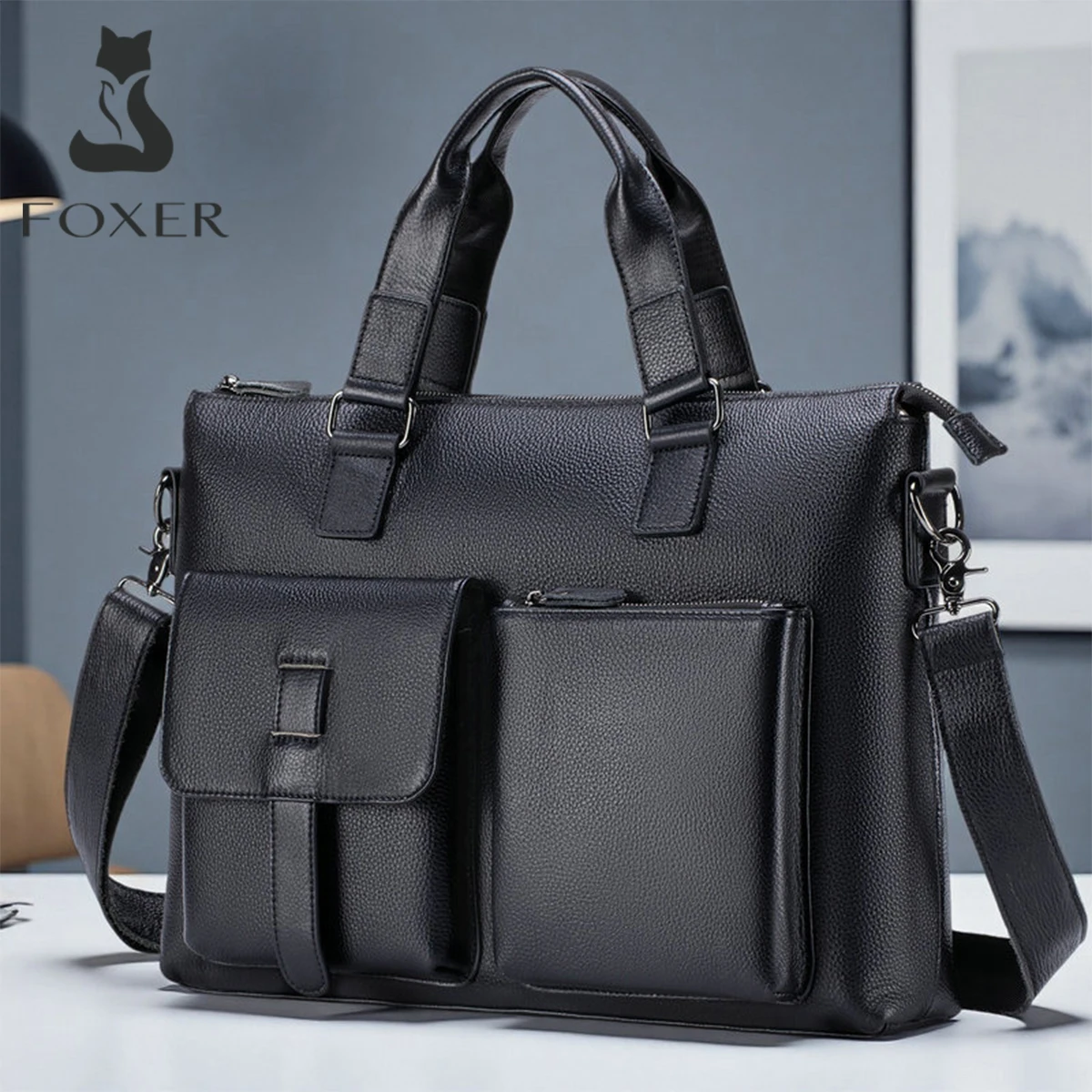 FOXER Men Briefcase Genuine Leather Laptop Bag 15.6 inch Multi Pockets Business Handbag Large Capacity Shoulder Crossbody Purse