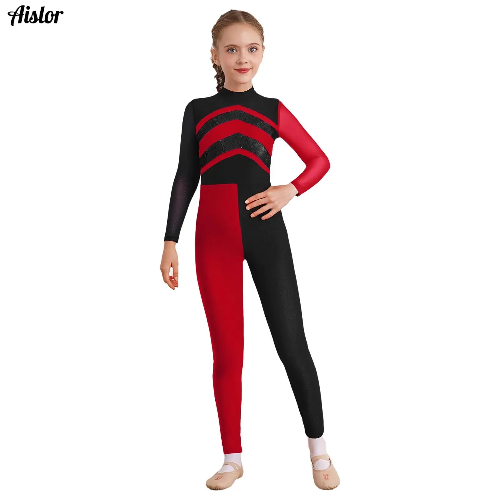 

Kids Girls Gymnastics Jumpsuit Shiny Sequins Color Block Mesh Long Sleeves Cutout Back Bodysuit Figure Ice Skating Dance Unitard