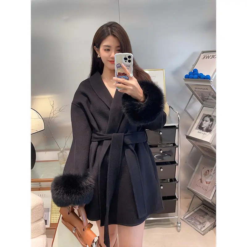 Fashion Coats for Women Patchwork Furry Long Sleeve Bandage Outwear Korean Y2k Clothing Korean Temperament Solid Color Jackets