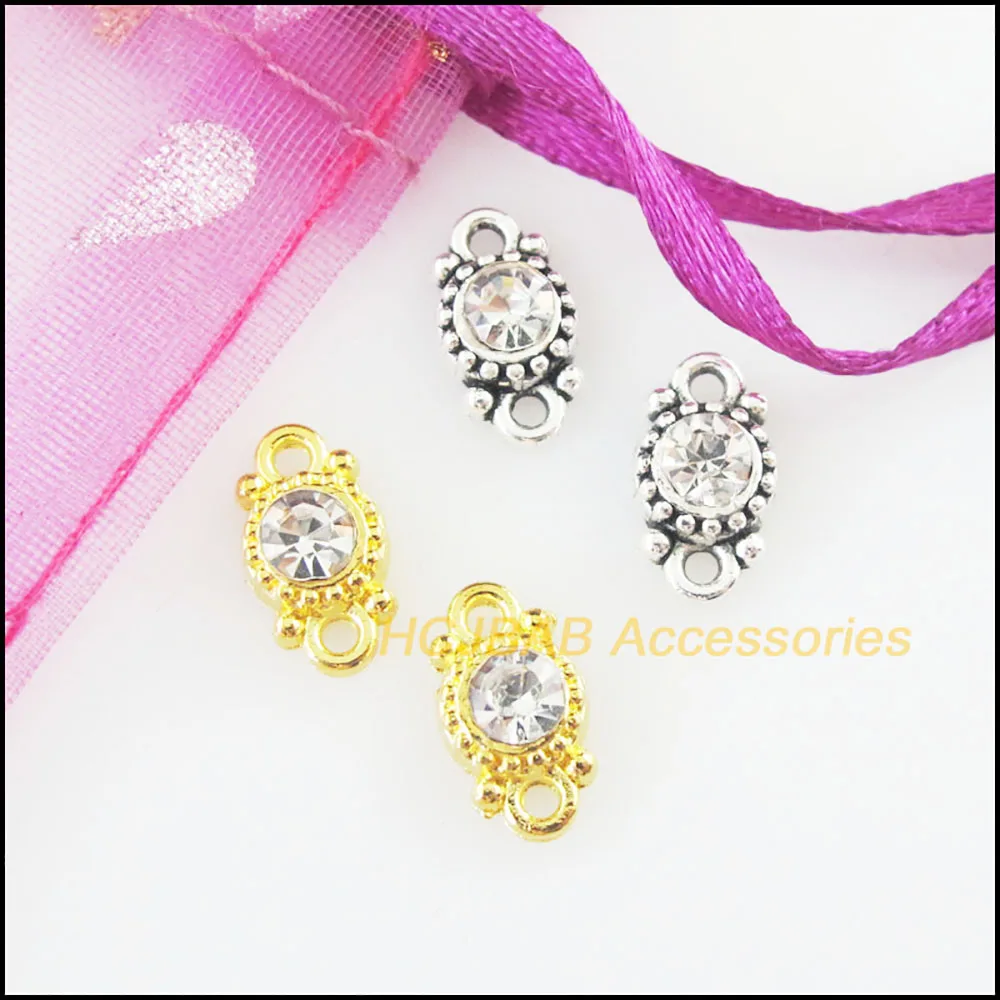 Fashion 30Pcs Retro Gold Color Tibetan Silver Plated Round Flower Clear Crystal Charms Connectors 6.5x11.5mm HCJBAB