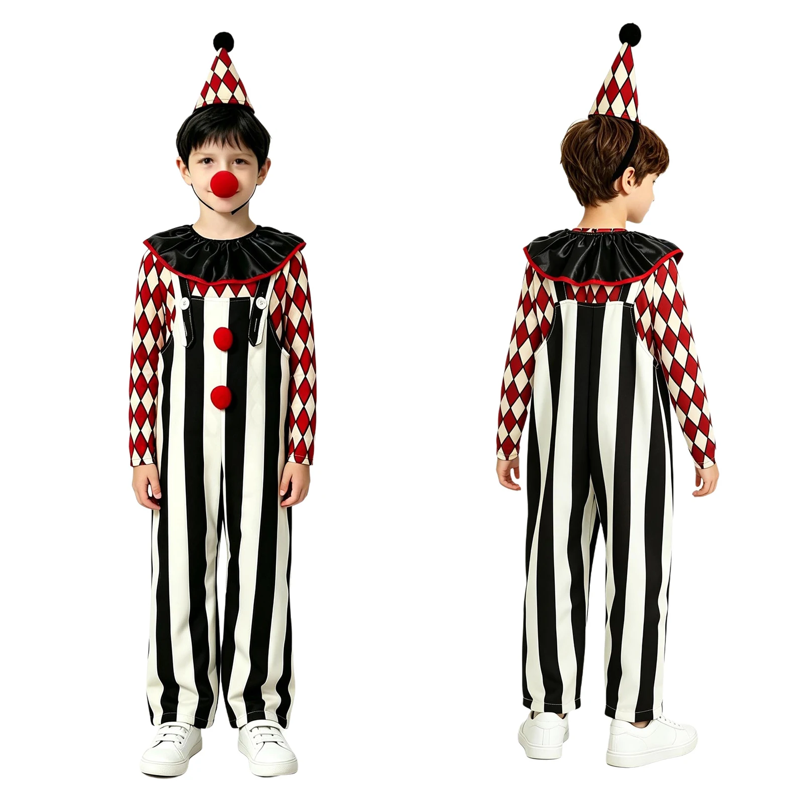 Children Red Black Rhombus Clown Role Play Dress Boys Girls Carnival Performance Costumes Halloween Circus Dress Up Clothes