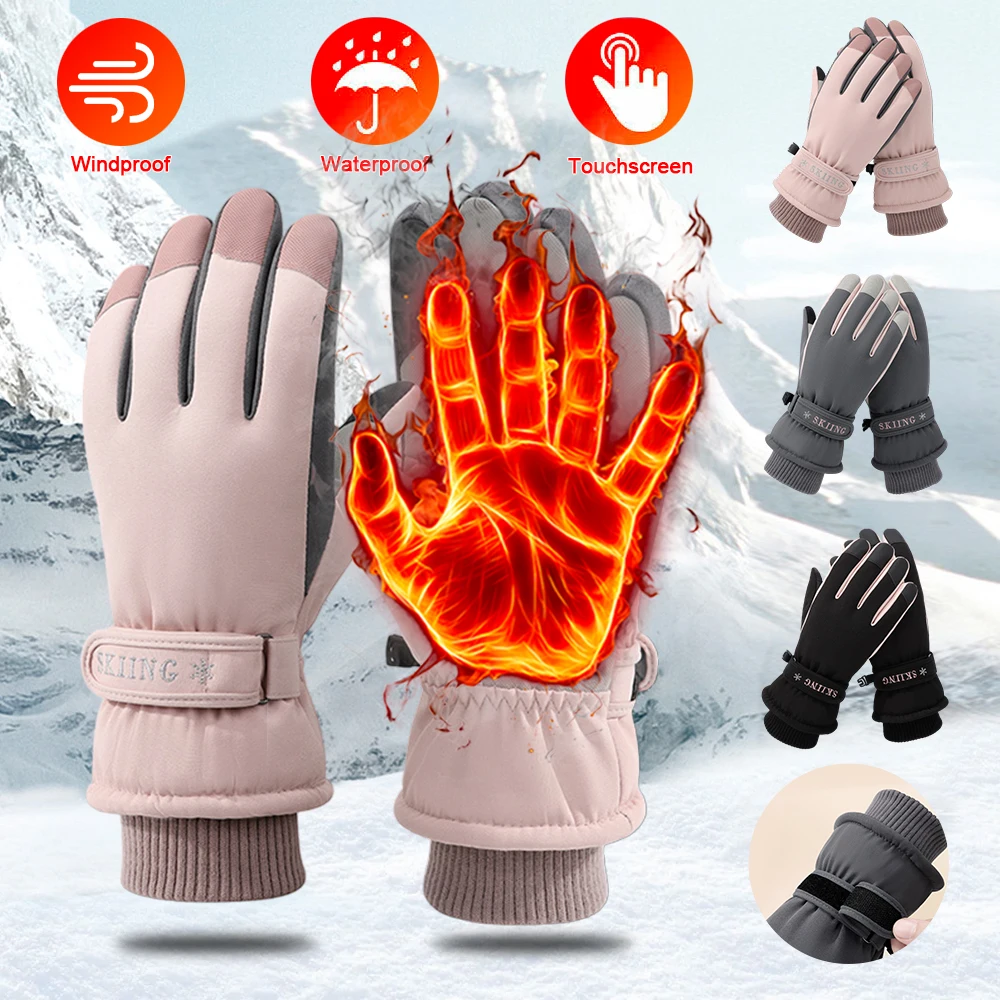 Winter New Women Ski Gloves Full Finger Plus Velvet Warm Windproof Anti-slip Touch Screen Gloves Outdoor Cycling Skiing Mittens