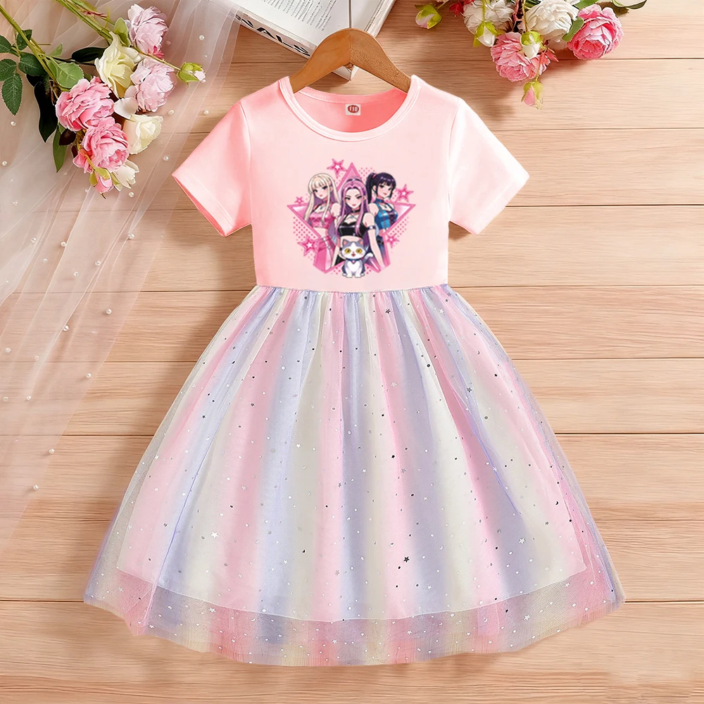 Neue Sommer-Kinderkleidung Kurzarm-Prinzessinnenkleid für Kinder Niedliches Kleid für Babymädchen Geburtstagsparty Regenbogen-Kleidung Cartoon – Detail 2