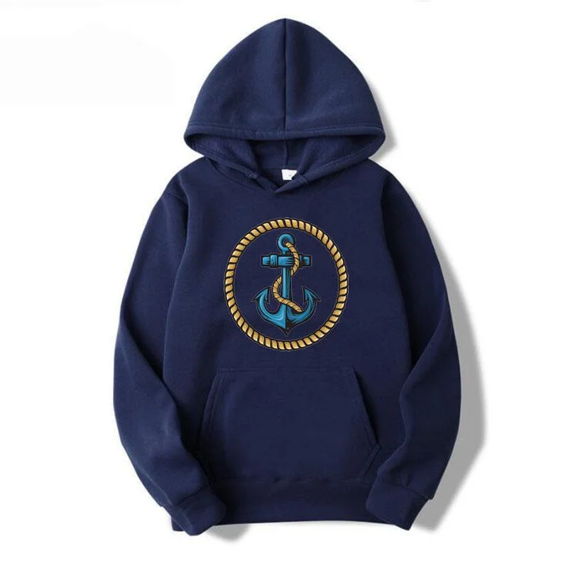 Men's Navy Blue Anchor Sailor Hoodies Autumn Long Sleeve Pullover Tops Casual Pocket Hoodies Outer Loose Sport Wear