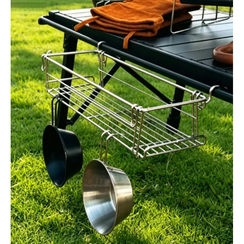 

Outdoor Aluminum IGT Table Side Storage Rack Hanging Mesh Pocket Folding Table Extension Basket Expansion Support Organizer Hold