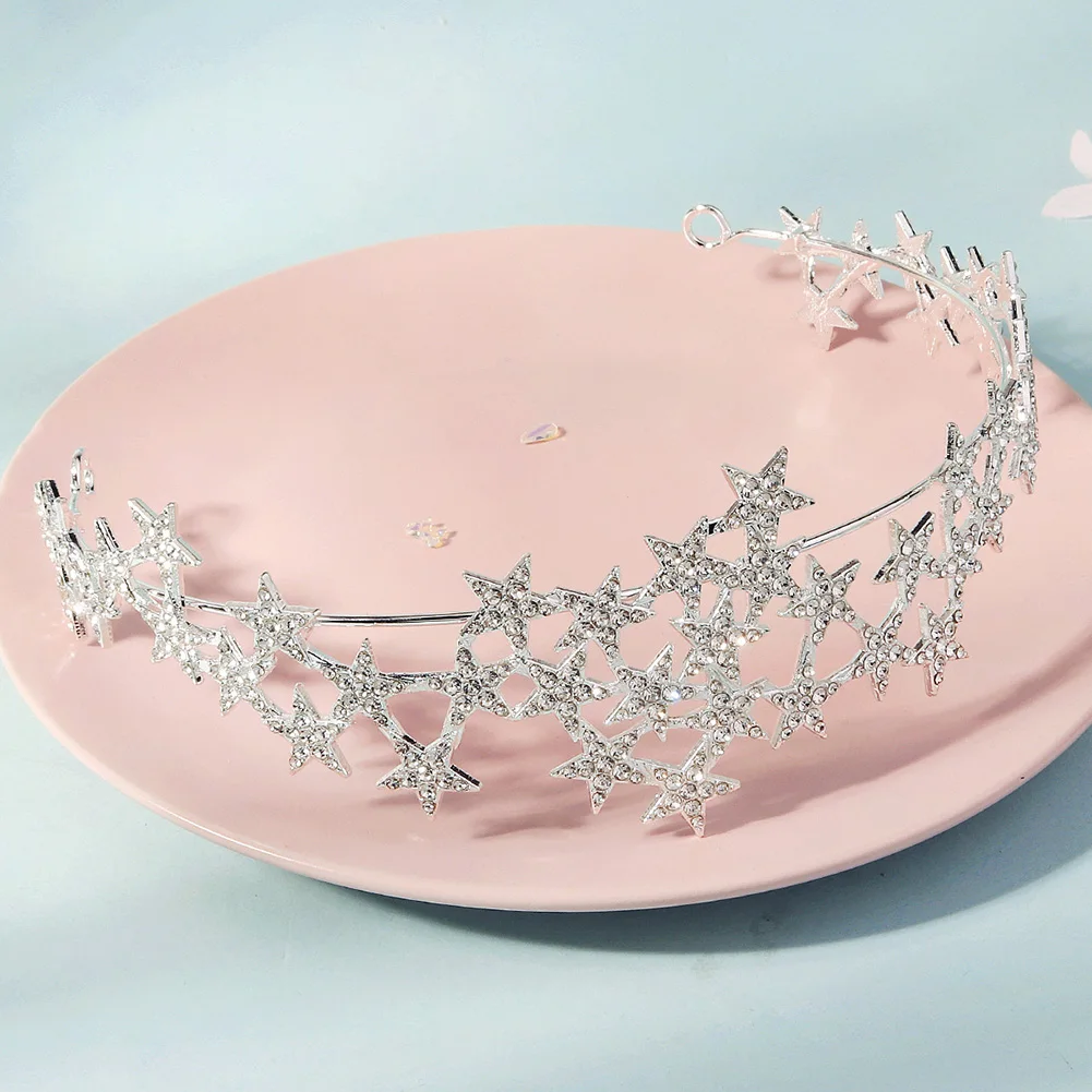 أنيقة سبيكة الكورية على غرار تاج العروس الزفاف نجمة رصع حجر الراين تيارا الشعر مجوهرات عيد ميلاد عقال للفتيات