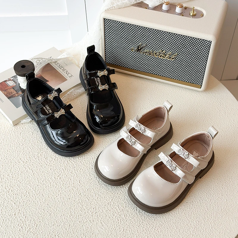 Princess Girls Leather Shoes with Shiny Bow 2026 New Spring Toddler Dress Shoes Soft Sole Classic Simple Kids Mary Jane Flats