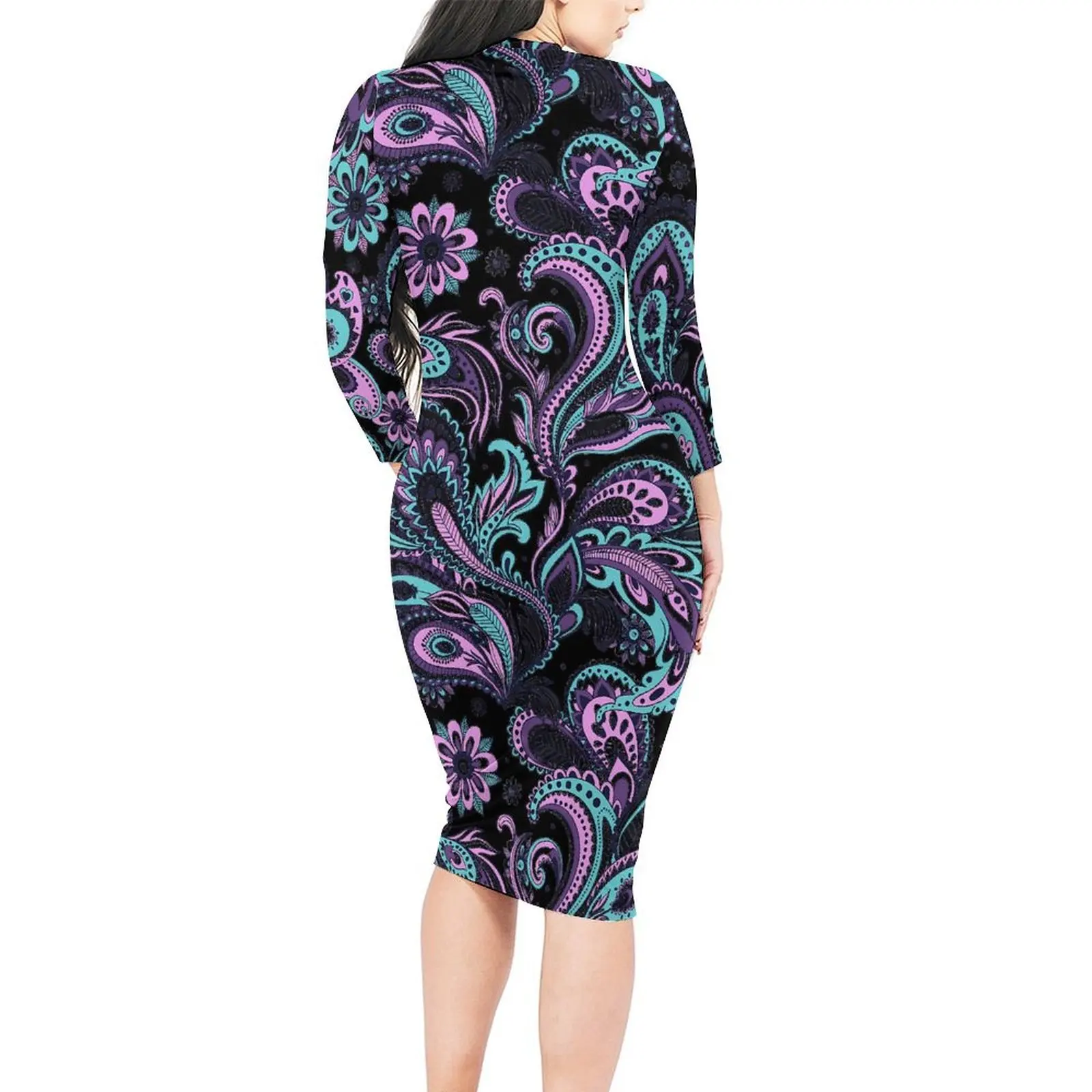 Retro Paisley Kleid Langarm rosa und blau sexy Kleider Frühling weibliche koreanische Mode benutzer definierte Bodycon Kleid große Größe