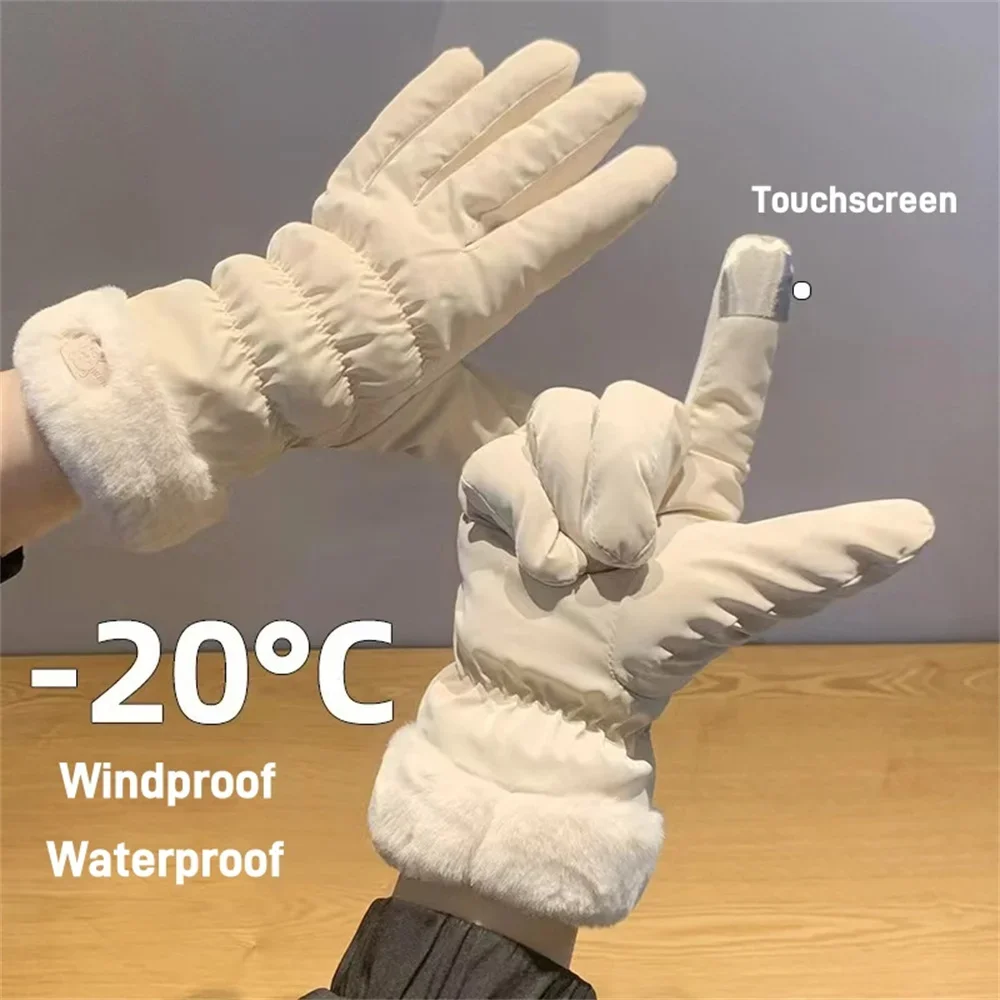 Ski Gloves Women Winter Fleece Thickened Warm Plush Cotton Waterproof Touch-Screen Gloves For Outdoor Riding Mountaineering